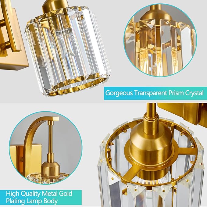 5-Light Crystal Vanity Light, Modern Gold Bathroom Wall Sconce with K9 Crystal Shades, 42.51" Long Over Mirror Lighting for Vanity, Makeup, Hallway, Elegant & Easy Installation