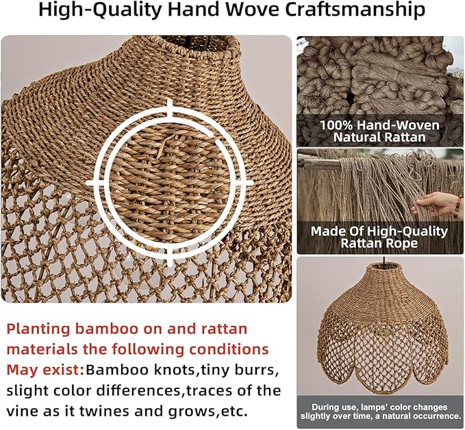 Rattan Pendant Light Fixtures,18.11" Boho Seagrass Pendant Light,3-Light Hand Woven Water Plants Rattan Chandelier for Dining Living Bedroom Kitchen Farmhouse