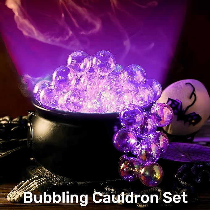 Halloween Cauldron Decor Indoor - Witches Bubbling Cauldron Kit w/ 30 LED Purple Lights, 40 Orbs & Cotton - Vintage Hocus Pocus Theme, Wireless Remote, 8 Light Modes