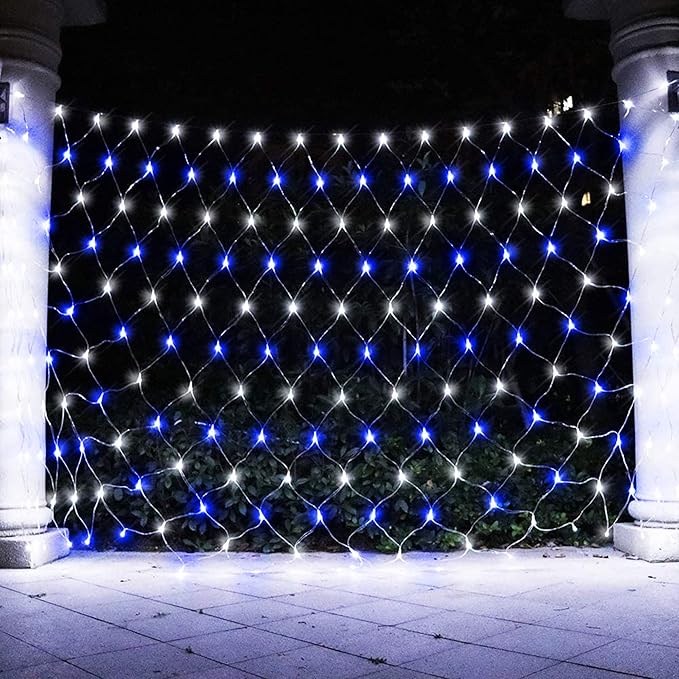 weillsnow 198 Led 9.8ft x 6.6ft 198 LED Net Lights, Connectable 8 Lighting Twinkle Modes Mesh Lights for Christmas Outdoor Patio Garden Bush Fence Decorations (Blue & White)