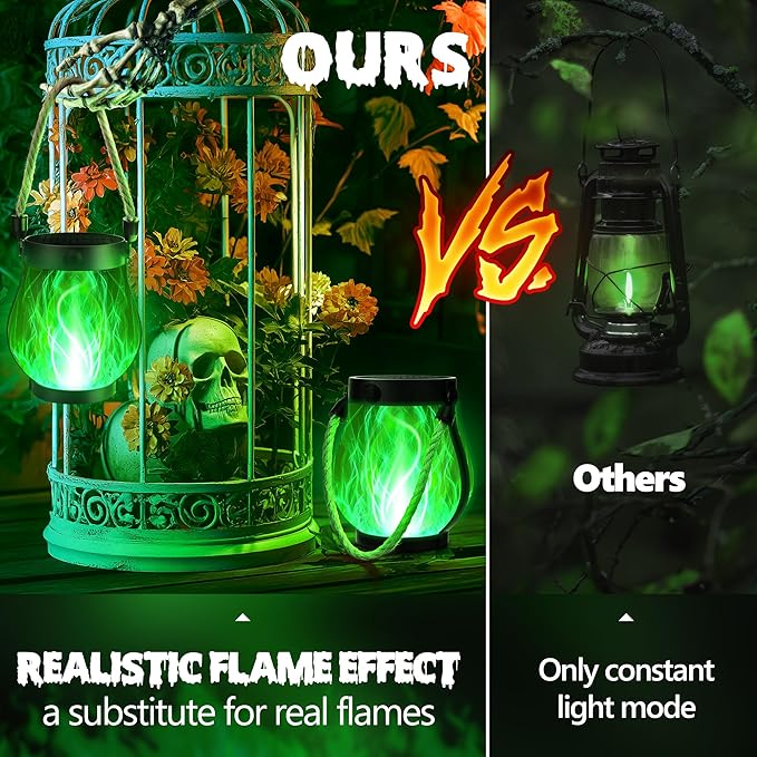 iBaycon 1 Pack Solar Lanterns Lights, Halloween Flickering Flame Garden Lights with 2 Modes Dual Charging USB & Solar, Outdoor Waterproof Hanging Lantern for Party Holiday Halloween Decor (Green)