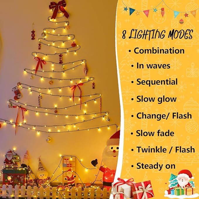 YEGUO 200 LED 66ft Christmas Lights Outdoor Waterproof, Warm White String Light Indoor, 8 Modes Green Wire Twinkle Xmas Tree Light Plug in with Memory Timer