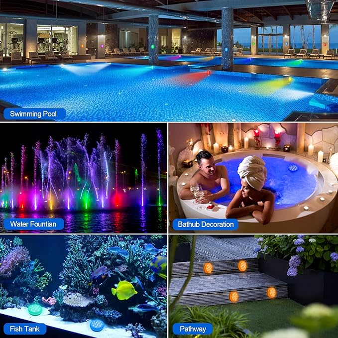 Rechargeable Submersible Pool Lights with Remote - IP68 Waterproof Underwater Led Lights,16 Color Changing Multicolor Floating Pool Lights with Magnets and Suction Cups for Pond Hot Tub Party