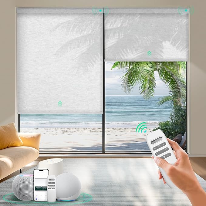 HeyBlinds Motorized Roller Shades, Smart Blinds for Windows, Remote Automatic Window Shades, Electric Shades, Light Filtering, Compatible with Alexa Google Apple Home (Silver Lining-White Clouds LF)