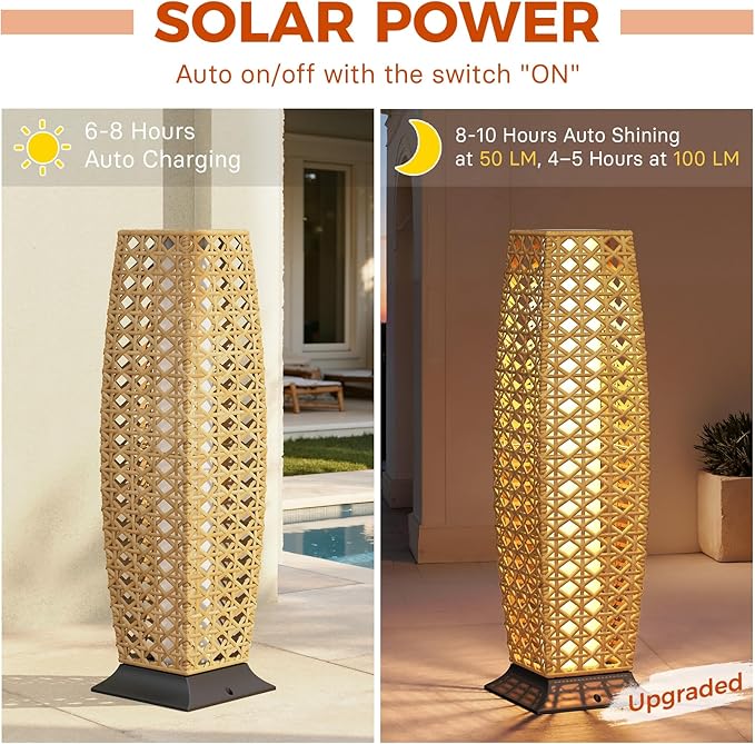Grand patio Outdoor Floor Lamp Solar Lantern, Water-Resistant Natural Wicker Boho Patio Light with 50/100 Lumens Dual Brightness & Memory Mode for Garden Porch Deck Decor, Large Diamond Natural