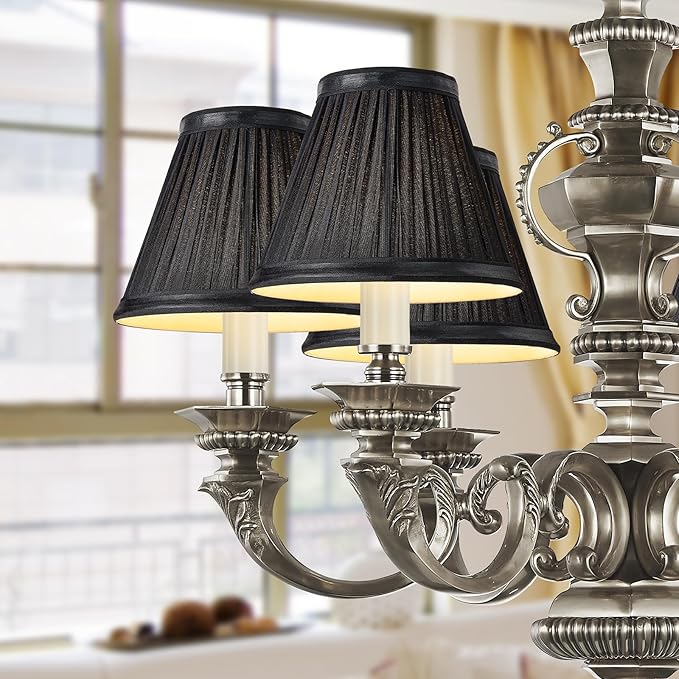 Chandelier Shades Set of 6,Mini Lamp Shade 3" Top x 6" Bottom x5" Slant,Small Lamp Shades Clip On Bulb,Pleated Chandelier Lamp Shades,Fabric Lampshades That Attach to The Bulb(Black)