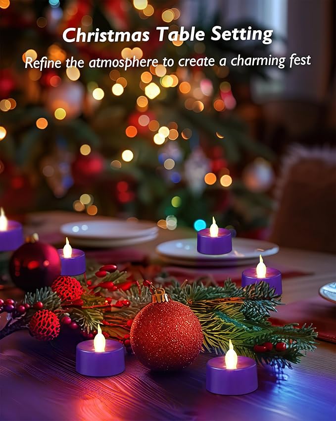 Purple LED Candles, 24 Pack Tea Lights Candles Battery Operated, Flameless Tealight Candle, Realistic Tea Lights for Halloween Christmas Party Decor Mardi Gras