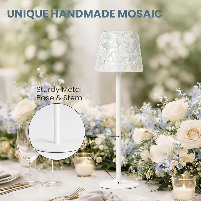 AELS Mosaic Touch Cordless Lamp, 5200mAh Rechargeable Portable LED Desk Lamp, 3 Color Stepless Dimming Battery Powered Lamp, Wireless Table Light for Wedding Dinner Patio Garden Cafe Bedroom, White