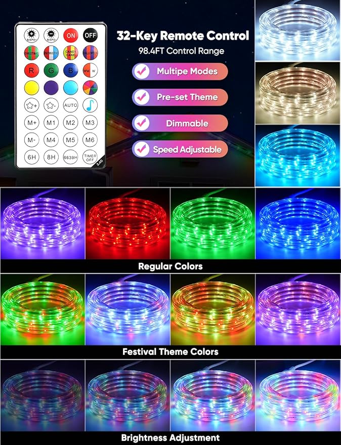 33FT Outdoor LED Strip Lights RGB+IC with Warm&Cool White, ETL Listed Music Sync Light Strip AC 120V, IP65 Waterproof and Connectable, for Party Festival Eave Porch Patio Every Day Decor