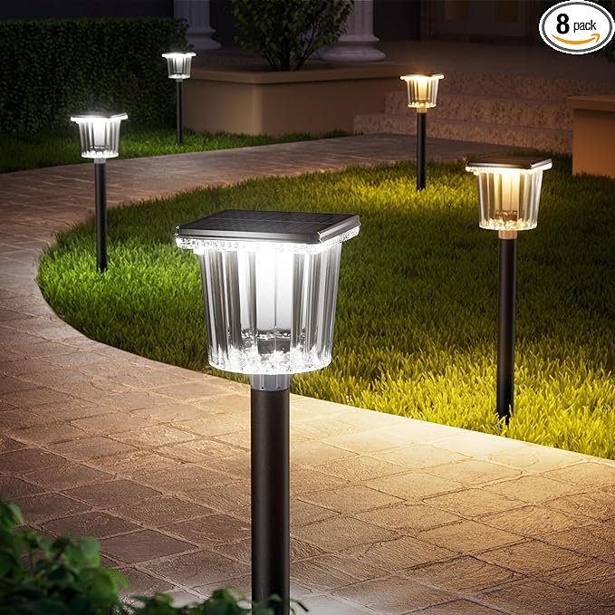 HIGH-Power 2-in-1 Warm&Cold,8 Pack Super Bright Solar Lights Outdoor IP65 Waterproof,3000/12000K Pathway Lights,Up to 28 Hrs for Yard,Patio,Landscape,Sidewalk,Driveway,Lawn