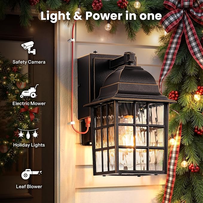 Gleamz Dusk to Dawn Outdoor Porch Light with GFCI Outlet, Farmhouse Oil Rubbed Bronze Gold Trim Exterior Garage Lighting Fixtures Wall Mount for House, Anti-Rust Waterproof Outside Wall Sconce Lantern