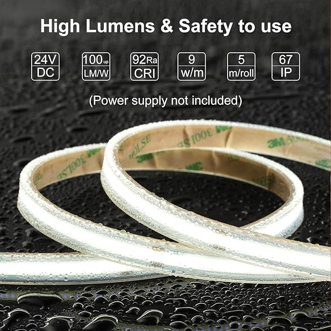 COB LED Strip Lights Waterproof IP67 DC24v Daylight White 6000K 16.4ft/5m High CRI 92Ra+ Outdoor LED Tape Lighting DIY Cuttable for Bedroom Kitchen Cabinet Shelf (Power Supply Not Included)
