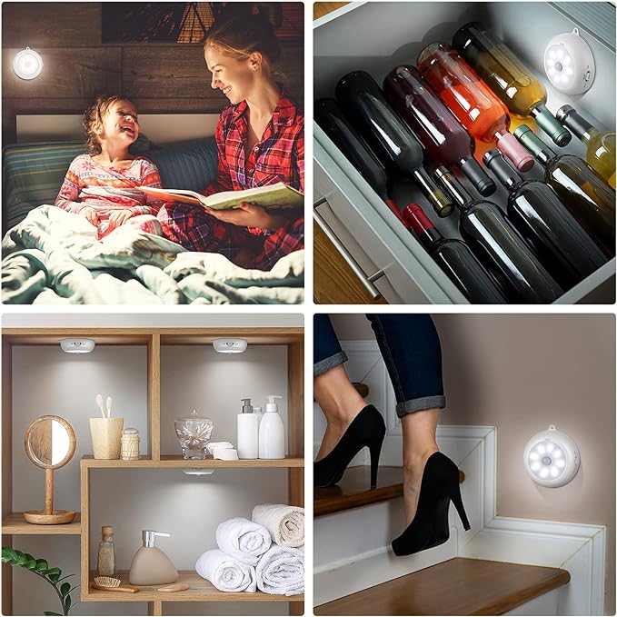 Motion Sensor Light Indoor, Under Cabinet Light, Ceiling Lights, AA Battery Operated Stick on Wireless Puck Lights for Wall, Step, Stair, Dimmable (6 Packs)