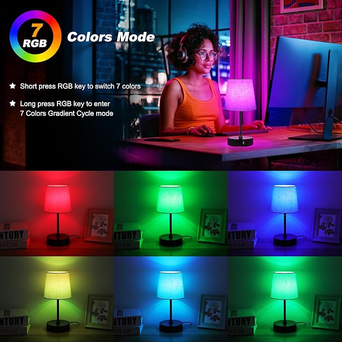Ascher Small Bedside Table lamp Set of 2, RGB Color Changing Lamps, 3 Color Temperatures, Dimmable Nightstand Lamp with USB C+A Ports, Touch Desk Lamp for Bedroom Living Room, H11.4in(Flaxen Shade)