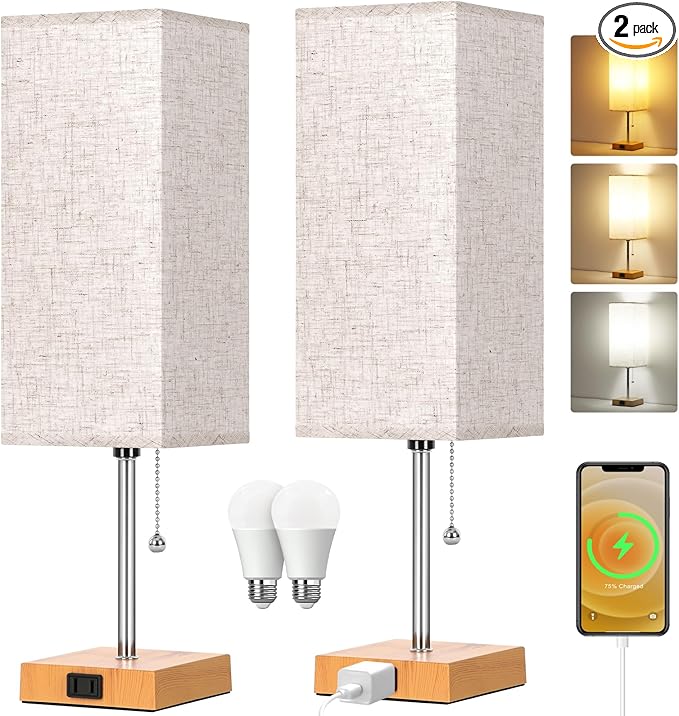 Table Lamp for Bedroom set of 2,3-Color Bedside Lamps with Pull Chain Table Lamps for Nightstand with AC Outlets,18'' Night Light Lamps with 2 Bulbs Lamps for Living Room Kids Room Office Decor（Wood）