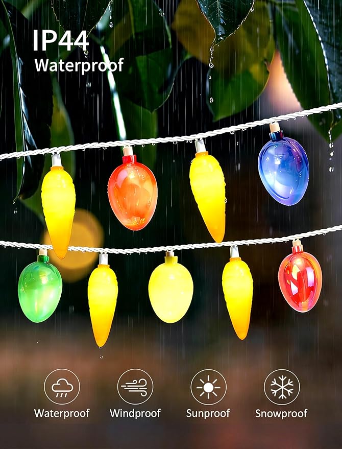 12Ft Connectable Easter String Lights, 20 LED Warm White Carrot & Electroplated Egg, UL Waterproof, Indoor Outdoor Decor