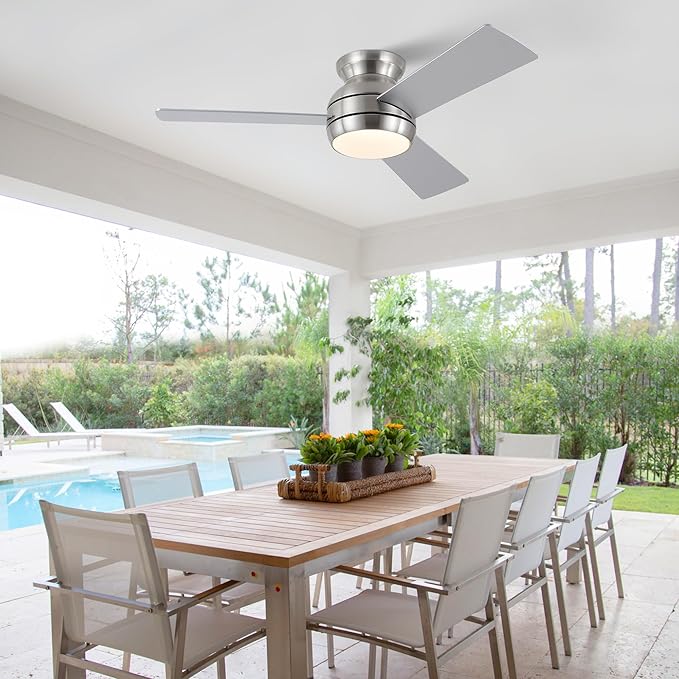 42 Inch Ceiling Fans with Lights and Remote, Brushed Nickel Low Profile Ceiling Fan with Light, Flush Mount, Reversible, 6 Speeds, 3CCT Dimmable, Bedroom Indoor/Outdoor Patios Use