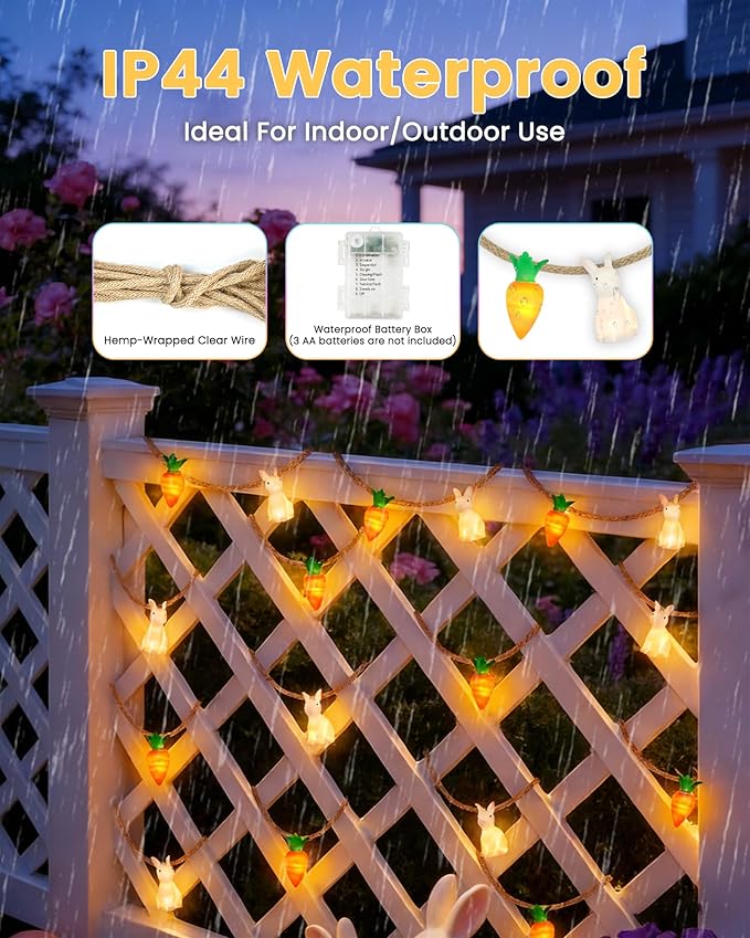 YIQU Easter Decoration String Lights, 10FT 12LED Bunny Carrot Mantel Garland Battery Operated with Remote Timer 8 Modes, Hemp Rope Banner for Fireplace Table Wall Spring Party Indoor Outdoor Decor
