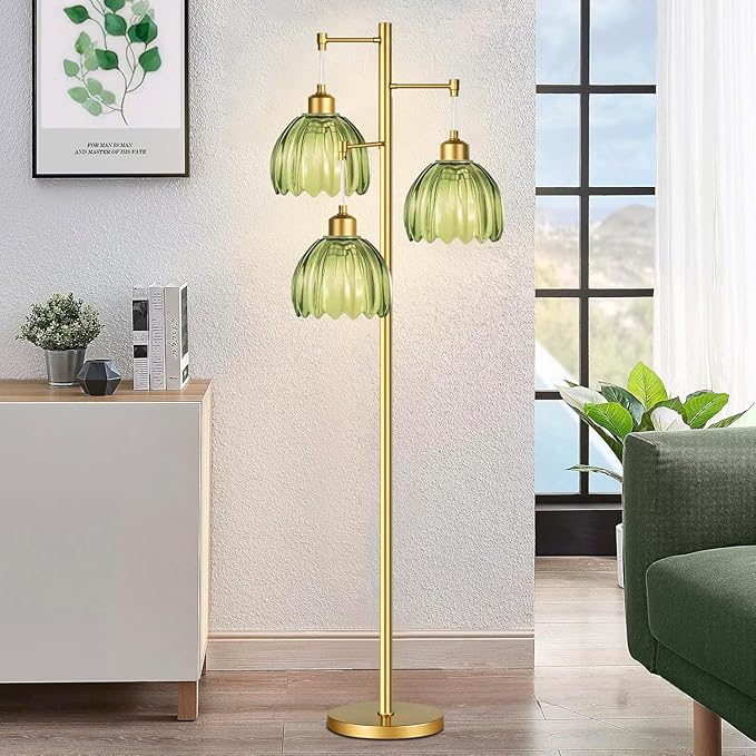 Glass Floor Lamp for Living Room,Bedroom,Gold Mid Century Modern Standing Lamp Brass Tree 3 Light Tall Floor Lamps Vintage Floor Lights Green Tulip Flower Lamp Shade Farmhouse Boho Bohemian
