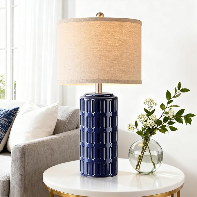 PARTPHONER 23" Farmhouse Modern Ceramic Table Lamp Set of 2 - Navy Blue Bedside Lamps for Bedroom & Living Room, Nightstand, Desk, End Table