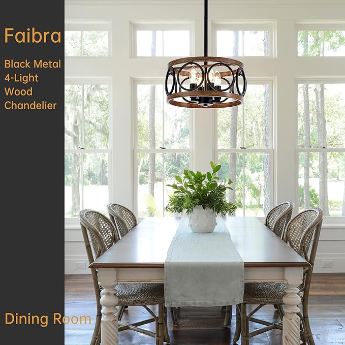 4-Light Farmhouse Drum Pendant Light,12.6'' Nature Wood Texture Vintage Rustic Chandeliers Black Metal Industrial Hanging Light Fixtures for Entryway, Bedroom Dining Room