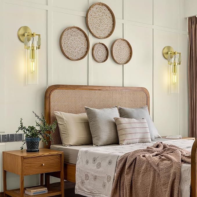 Modern Gold Indoor Wall Sconces Set of 2, 15'' knurled Brass Bathroom Wall Sconces, Glass Bathroom Vanity Light, for Living Room, Bedrooms, Hallway, Staircases, Include Bulb