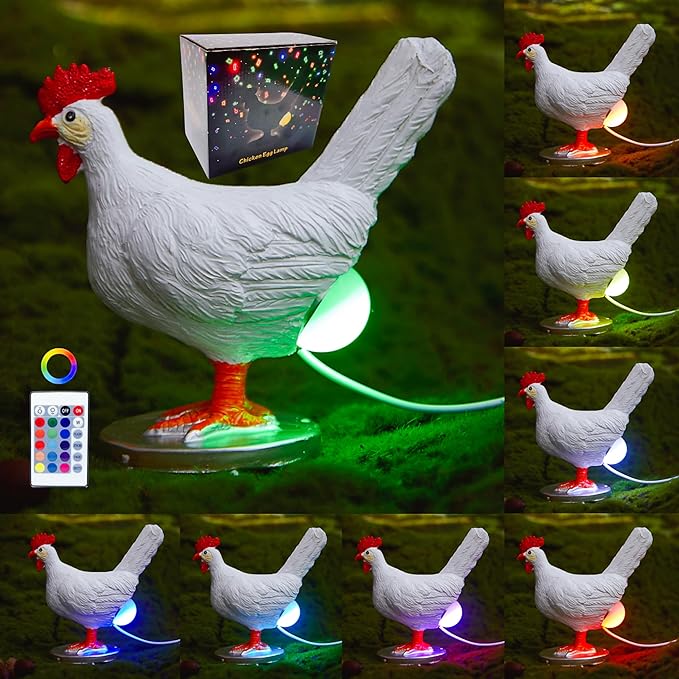 Upgraded Chicken Egg Lamp, Chicken Lamp, 16 Colors Change with Remote Control, 3D Resin Chicken Night Light with USB, Color Gift Box, Easter Birthday Gift for Friends (D)