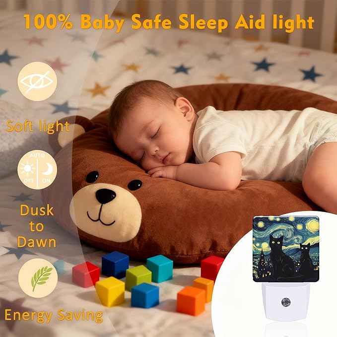 Starry Night Black Cat Night Light for Kids, Dusk-to-Dawn Auto Sensor Plug in Night Light, 0.5W Energy Saving Non-Toxic Design for Bedroom/Bathroom, Ideal Gifts for Women, Men & Kids