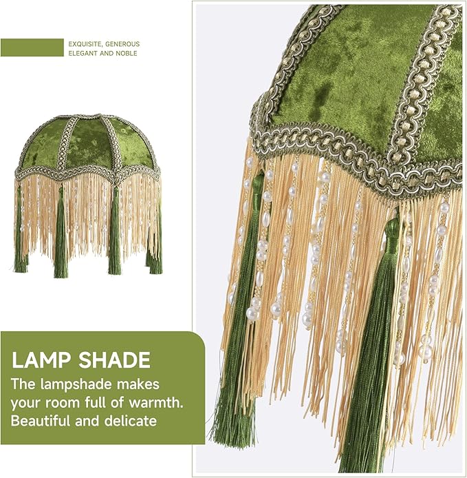 xiaojuande-Lampshade with tassels, Premium Classic Victorian, Style Bell Shape Scallop velvet top replacement lamp,10.14inch Width(olive green)