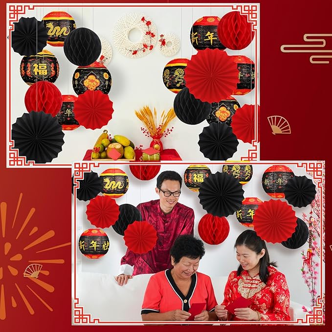 Retisee 18 Pcs 2026 Chinese Lunar New Year Decorations Lunar New Year Paper Lanterns Hanging Paper Fans Red and Black Honeycomb Balls Chinese Lanterns Asian Decor for Spring Festival Celebration