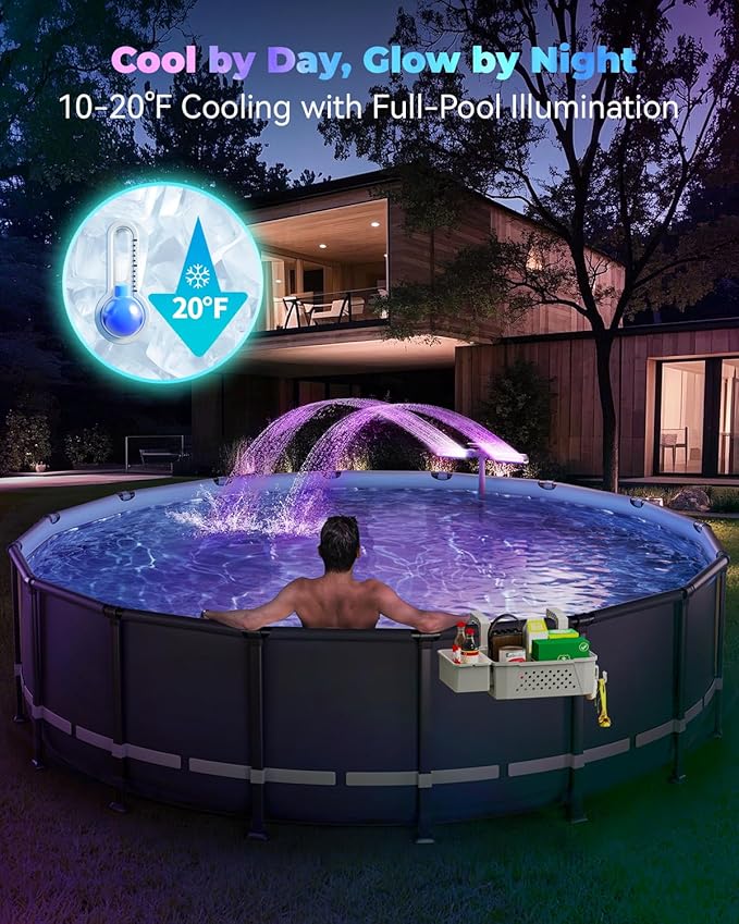 Solar Pool Fountain with 8-Color 6-Mode RGBIC LED Lights, Above/Inground Solar Lights with Remote, 360°Adjustable Dual Spray Waterfall Sprinkler Fountain for Relaxation & Cooling 10-20°F