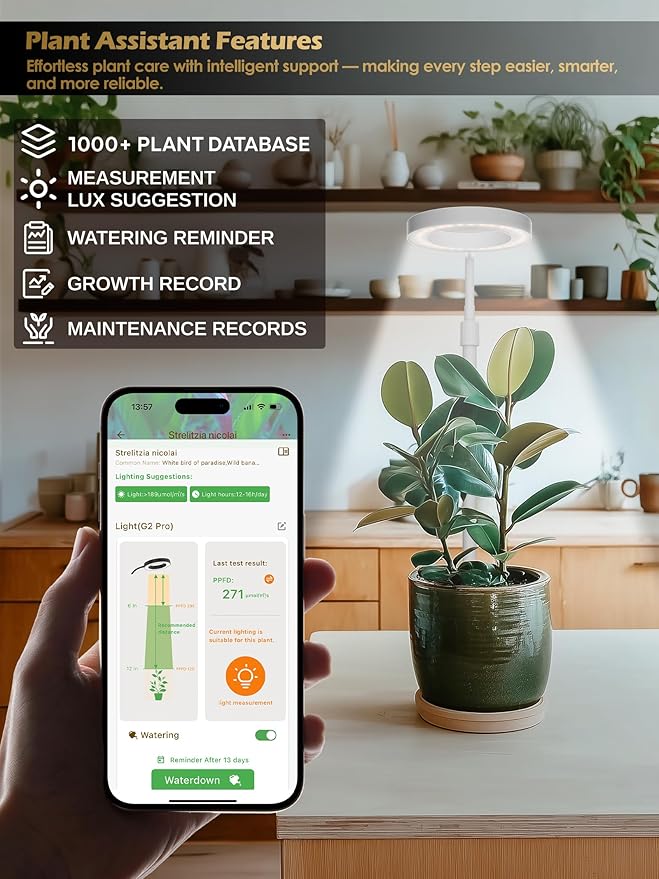 Smart Grow Lights for Indoor Plants, Plant Light with Auto-Timer, Full Spectrum LED Grow Light, Adjustable Height & Stepless Dimming,Plant Assistant Suitable for Most Plants (White, 12W)