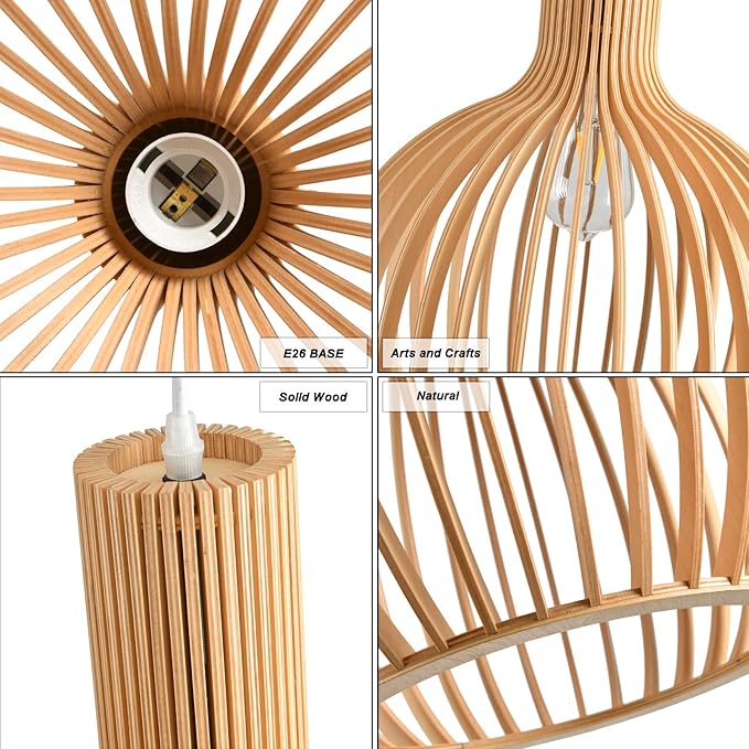 Wood Pendant Light, Natural Weaving Hanging Lamp, E26 Base Wooden Hand Made Chandelier, Boho Height Adjustable Dining Table Hanging Lamp for Bedroom Bar Café Kitchen Island Hallway Living Room