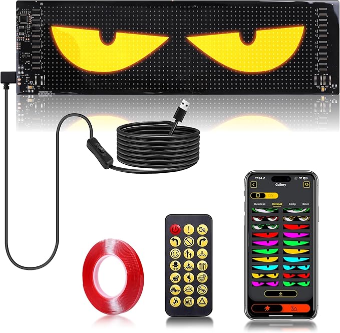 Multi-Panel Sync Car Eyes Display 64x20 LED Sign (14"x4.3") | USB 5V Programmable Scrolling Text/Animation | APP + Remote for Car/Store Ads（1pcs）