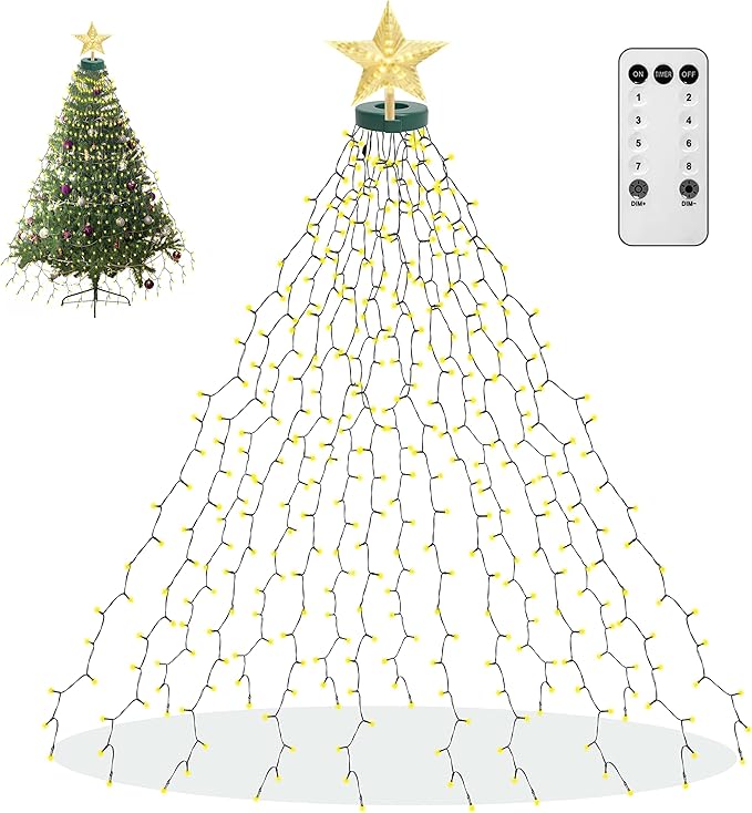 Aneeway Tree Lights with Star Toppers, 410 LED Christmas Lights, 8 Modes & Memory Function, 6.6FT x 16 String Lights, Remote Control & Timing for Ornaments - Warm White
