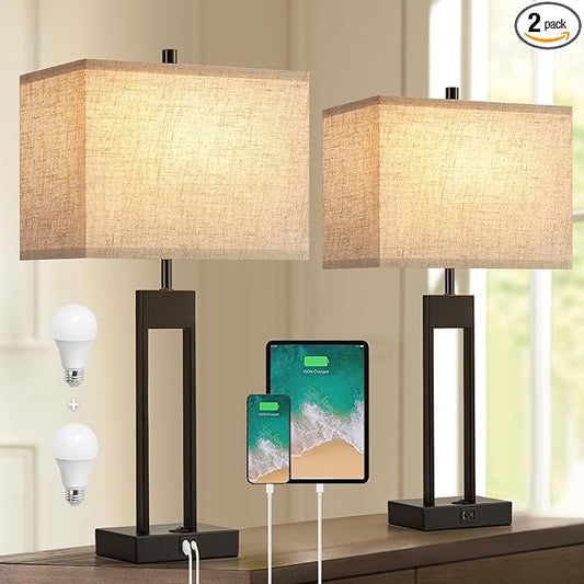 25.5’’ Nightstand Table Lamps for Bedrooms Set of 2, Bedside Lamp with USB C+A, 3 Colors Changeable Living Room Lamps for End Tables, Modern Night Stand Lamps for Bed Side Guest Room Office Reading