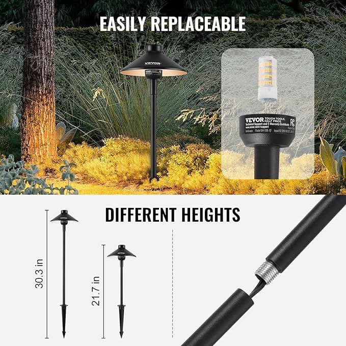 VEVOR 8 Pack Low Voltage Landscape Path Lights, 3W 210LM 12V-24VAC/DC Outdoor LED Pathway Lighting, 3000K Warm White Walkway Lights with Quick Connectors, IP66 Waterproof for Yard Garden Sidewalk