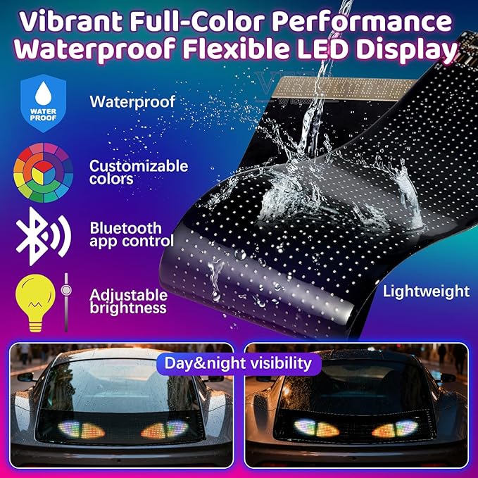 Eyes Led Lights for Cars 2PCS - 14.72x3.62In Customizable Display, USB Powered, App/Remote Control, Synced Dual Screen Led Windshield Eyes for Cars/SUVs/Medium Trucks