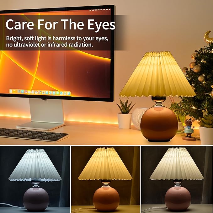 Korean Pleated Table Lamp Ins DIY Ceramic Table Lamps for Living Room Home Deco Cute Lamp with Tricolor Led Bulb Beside Lamp…
