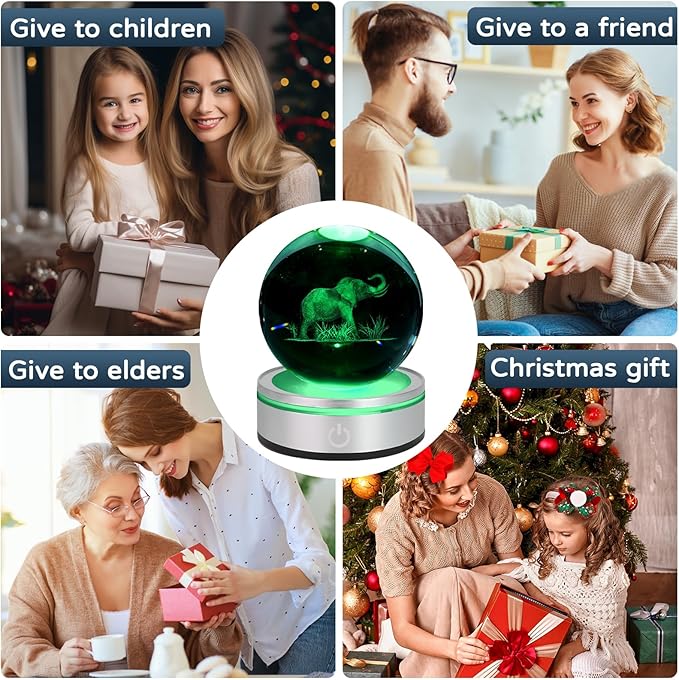 3D Crystal Ball Night Light - Elephant Gifts for Women, 3.15 In, Glass Lamp Home Decor for Birthday Christmas with LED Colorful Touch Base, Elephant Figurine Gifts for Her, Kids, Friends