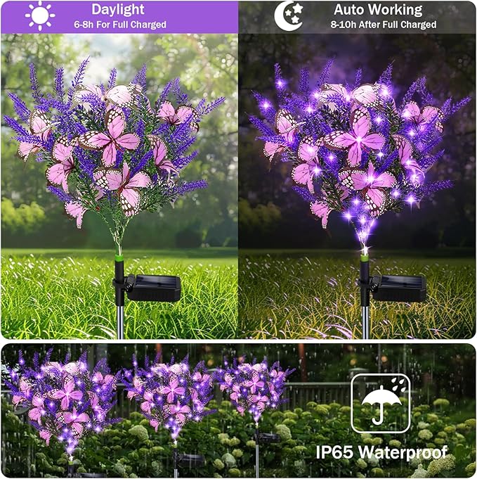 Solar Garden Lights Outdoor, 4 Pack Purple Lavender Solar Butterfly Lights Gardening Gifts for Women,Artificial Flowers Light Purple Halloween Garden Decor for Patio Yard Lawn Christmas