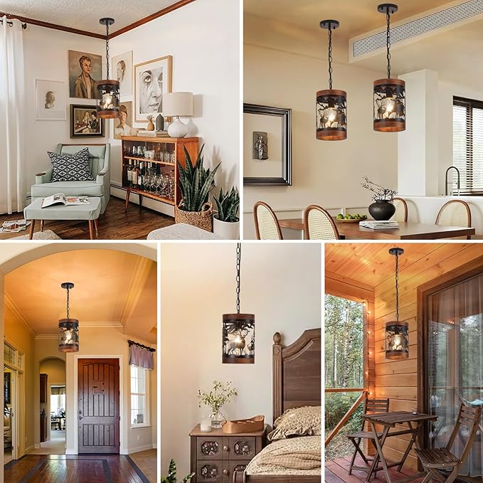Rustic Deer Pendant Light, 1-Light Farmhouse Wood and Metal Cage Chandelier, Adjustable Hanging Ceiling Fixture for Kitchen Island, Hallway, Bar, Dining Room, Foyer, or Bedroom, (No Bulb Included)