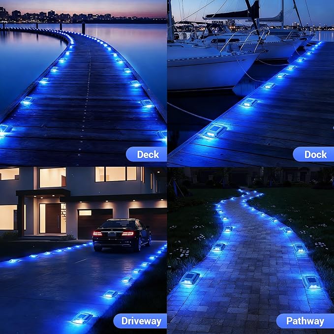 Solar Driveway Lights Outdoor 6 Pack, IP68 Waterproof Solar Powered Driveway Marker Deck Dock Lights for Steps Pathway Walkway Sidewalk Garden Yard Stair Marine (Blue)