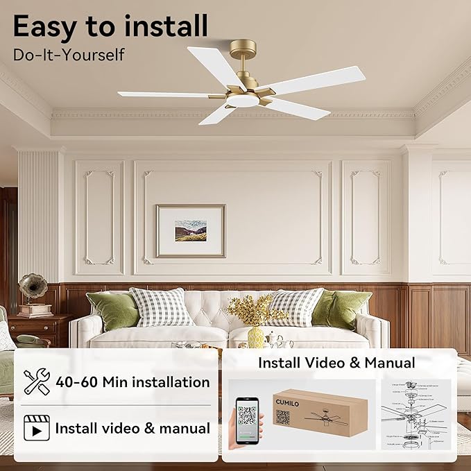 52 Inch Ceiling Fans with Lights,Smart Ceiling Fan with Light and Remote Control Alexa,APP,Modern Indoor Outdoor Ceiling Fans for Bedroom,Patio,Porch,in Black White and Gold,5 Blades,Dimmable,Quiet