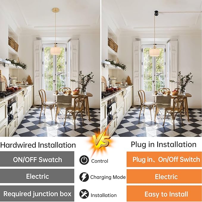 Plug in Pendant Light Hanging Light Fixture Corded On/Off Switch Brass Pendant Light with White Striped Glass Lampshade for Bedroom Living Room Kitchen Island