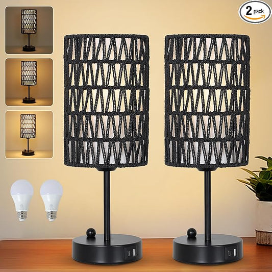 Black Bedside Lamps Set of 2, Touch Control Night Stand Lamp for Bedroom with Rattan & Linen Shade & Bulbs, 3 Way Dimmable Small Boho Table Lamps with USB Charging Port & Phone Stand