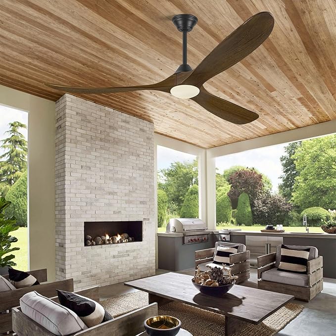 60 Inch Indoor Outdoor Ceiling Fan with Light and Remote, 3 Brown Wood Propeller Blades, Quiet Reversible Energy Efficient DC Motor, Damp Rated for Patio Porch Gazebo Bedroom, Rustic Farmhouse