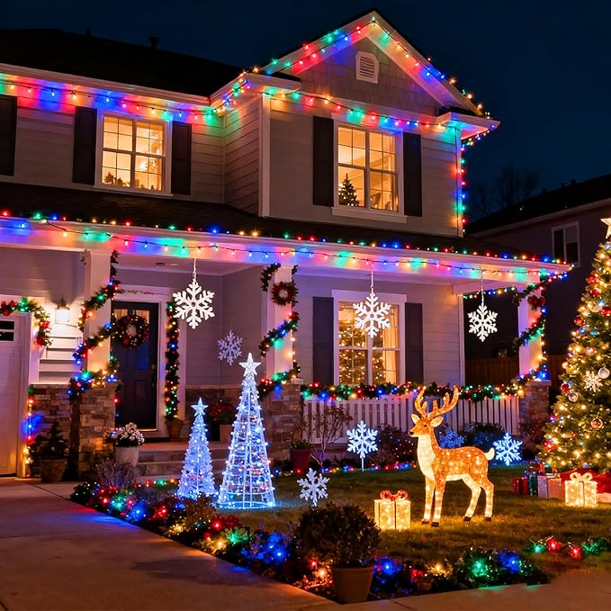 50FT C7 Christmas Lights Outdoor, Multicolor Vintage Christmas Lights String with 50+5 Ceramic Bulbs,Hanging Christmas Light Green Wire for Holiday Party Wedding Christmas Decorations