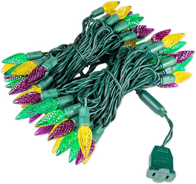 70 Light 24Ft Mardi Gras Lights Commercial String Lights C6 LED Strawberry Faceted Bulb – Yellow/Purple/Green, Green Wire, Indoor/Outdoor, Full Wave No Flicker, Connect 43 Sets