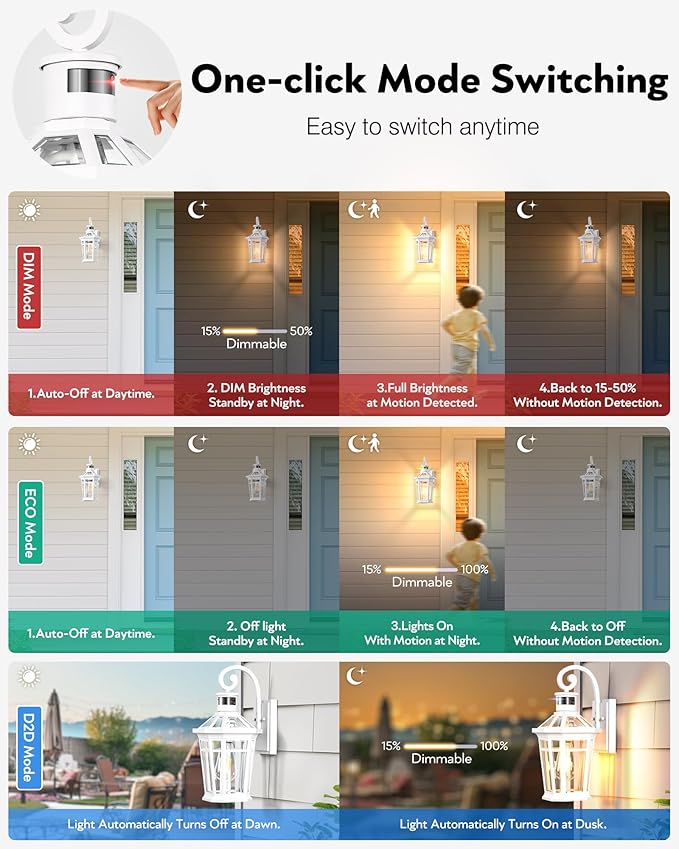 Motion Sensor Outdoor Wall Lantern, White Outdoor Lighting Fixtures Wall Mount, Dusk to Dawn Exterior Sconce Lights with Beveled Glass, Waterproof Exterior Front Porch Lights for Garage, Coach